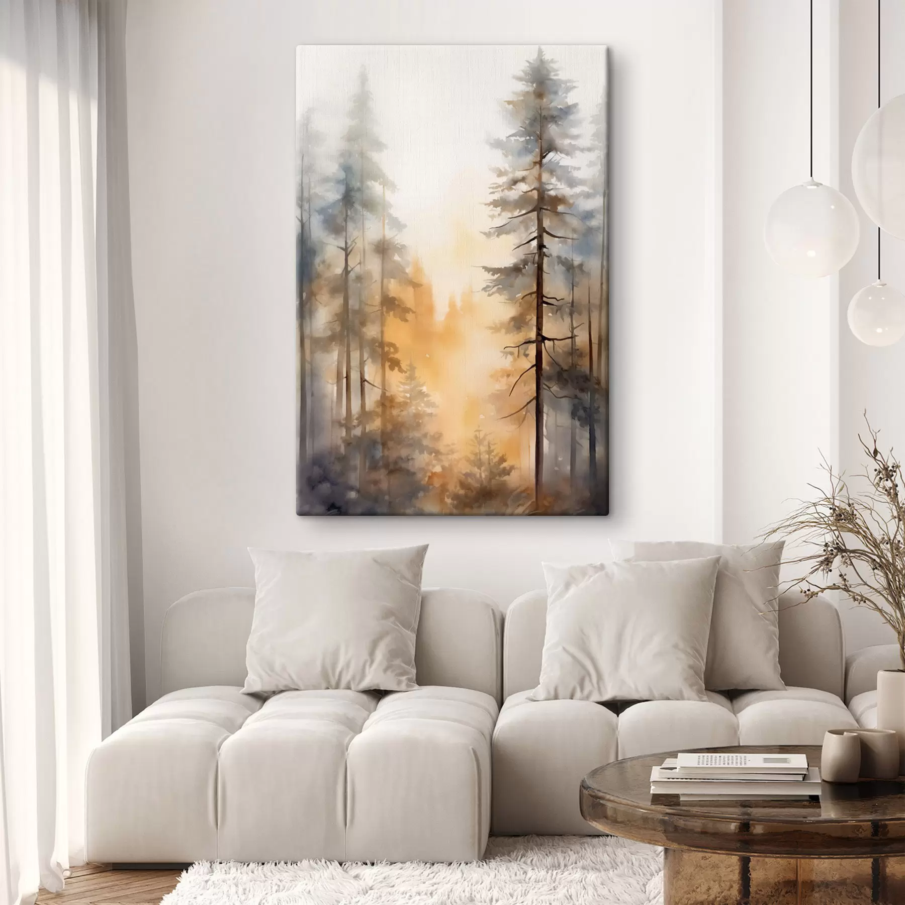Quadro Alti pini, paesaggio boschivo illuminato da una calda luce arancione nr. s50959