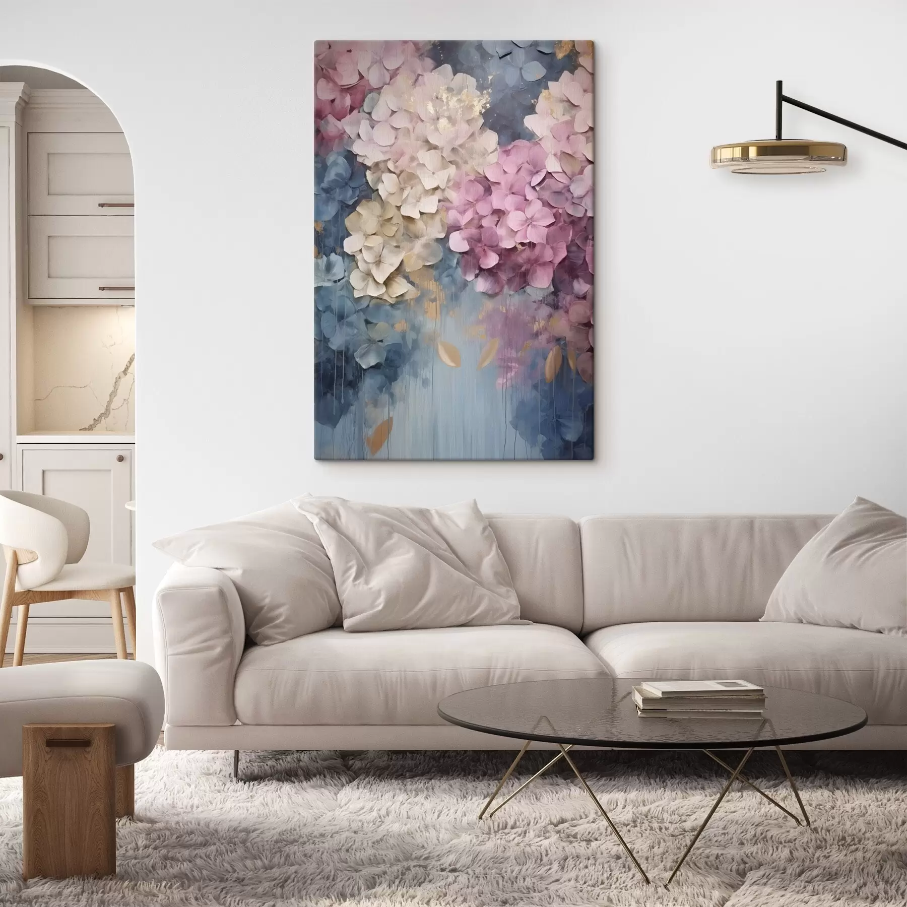 Quadro Ortensie nei toni del rosa, del crema e del blu, con petali dalla trama particolare, arte astratta nr. s50967