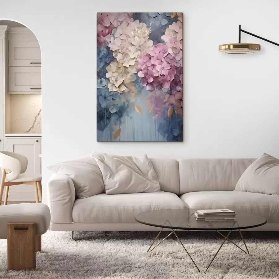 carta da parati Ortensie nei toni del rosa, del crema e del blu, con petali dalla trama particolare, arte astratta nr. s50967