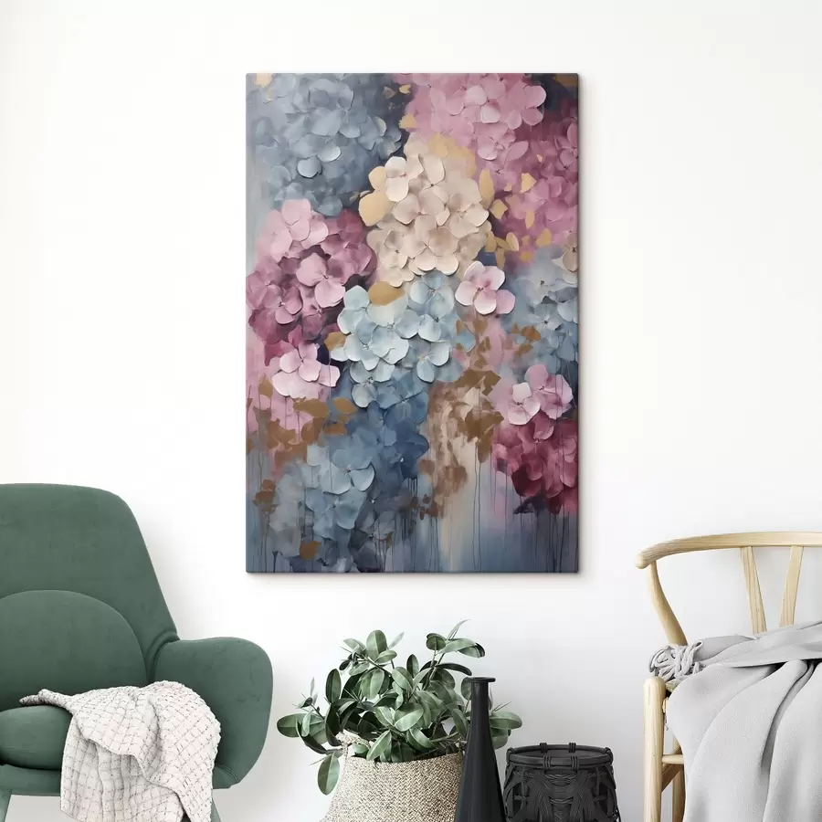 carta da parati Ortensie nei toni del rosa, del crema e del blu, con petali dalla trama particolare, arte astratta nr. s50968