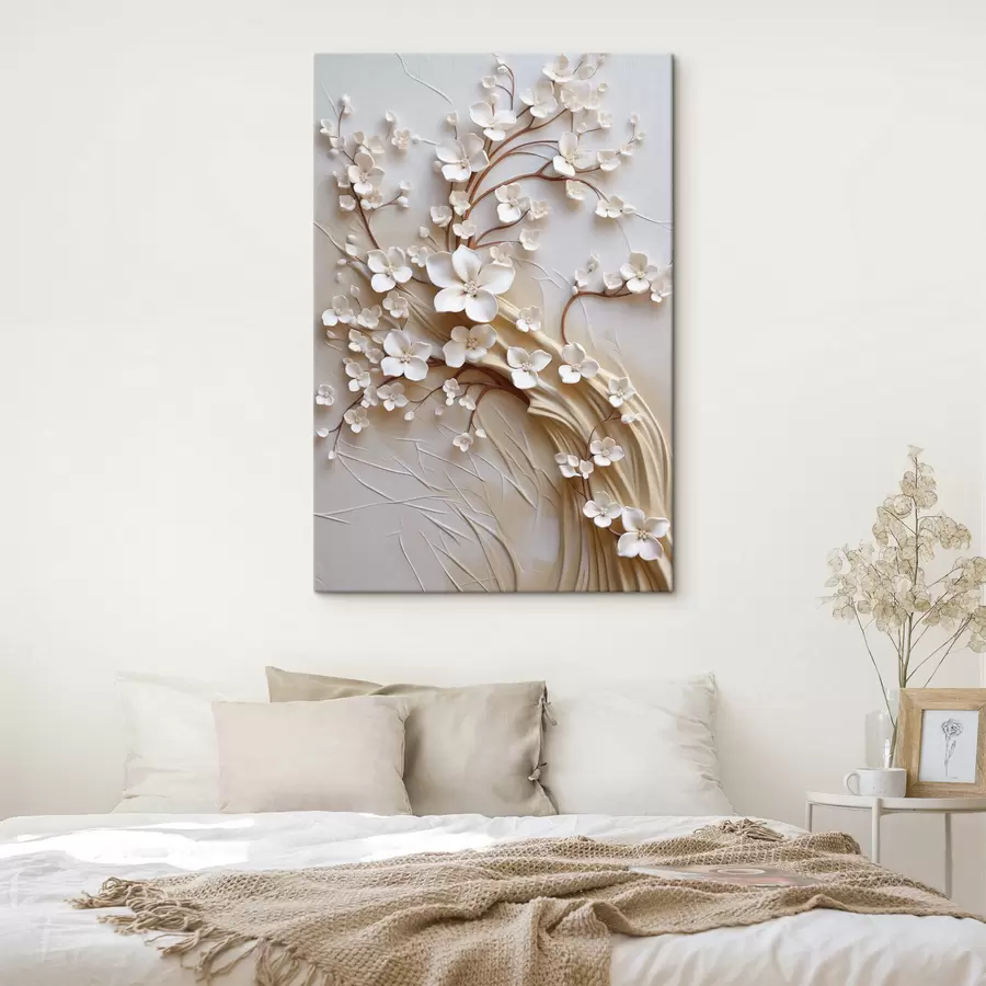 carta da parati Albero con fiori bianchi e steli marroni, su sfondo beige chiaro con volute in rilievo nr. s50971