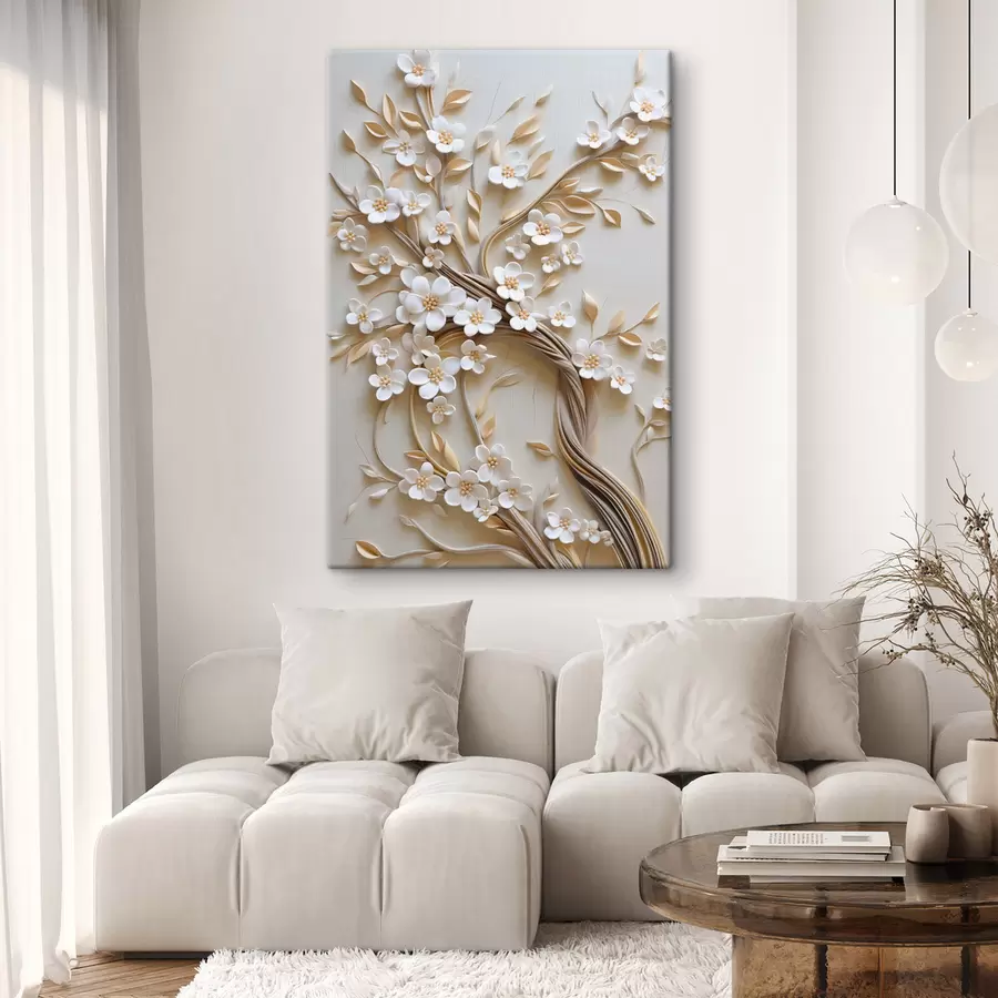carta da parati Albero con fiori bianchi e steli marroni, su sfondo beige chiaro con volute in rilievo nr. s50972
