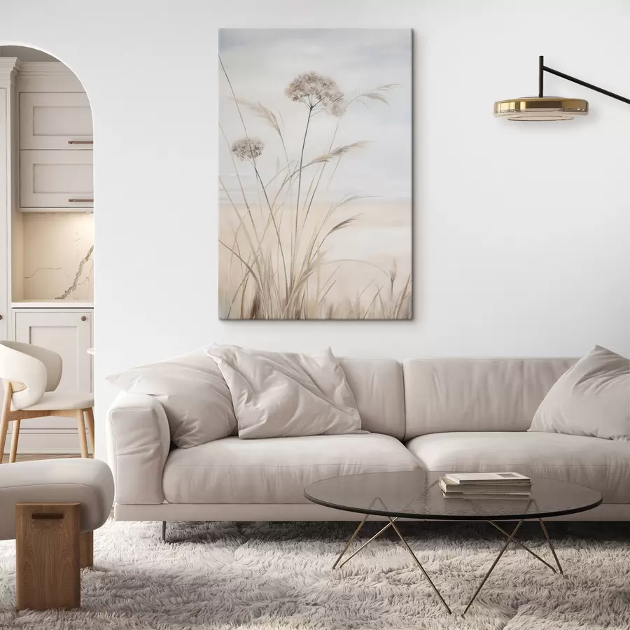 carta da parati Erba alta e secca e fiori dai tenui toni del beige e del bianco, su uno sfondo morbido e sfumato nr. s50973