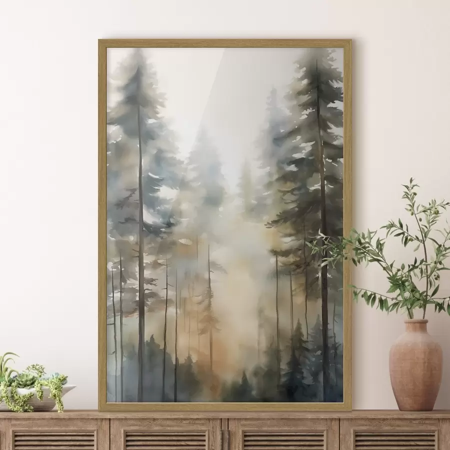 carta da parati Alti pini in una foresta avvolta dalla nebbia, illuminata da raggi di sole nr. f50948