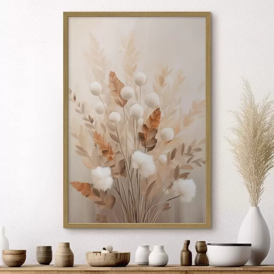 carta da parati Un bouquet di fiori bianchi e soffici e foglie secche di arancio dai colori tenui e delicati nr. f50951