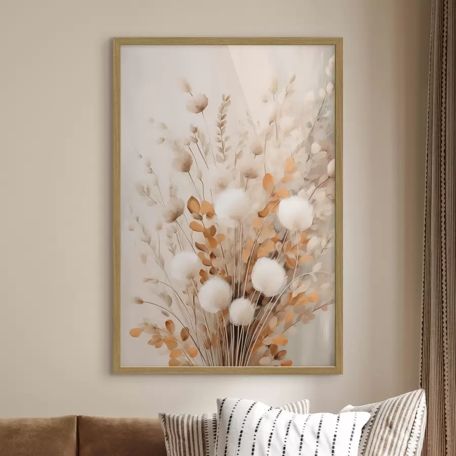 carta da parati Un bouquet di fiori bianchi e soffici e foglie secche di arancio dai colori tenui e delicati nr. f50952