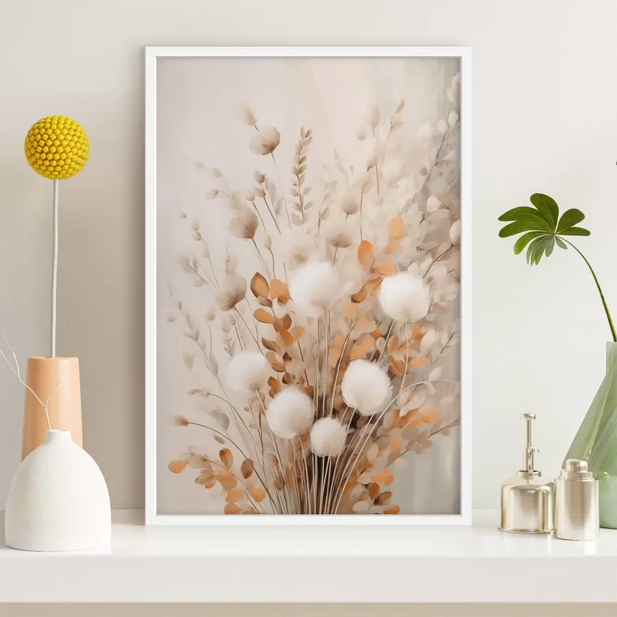 carta da parati Un bouquet di fiori bianchi e soffici e foglie secche di arancio dai colori tenui e delicati nr. f50952