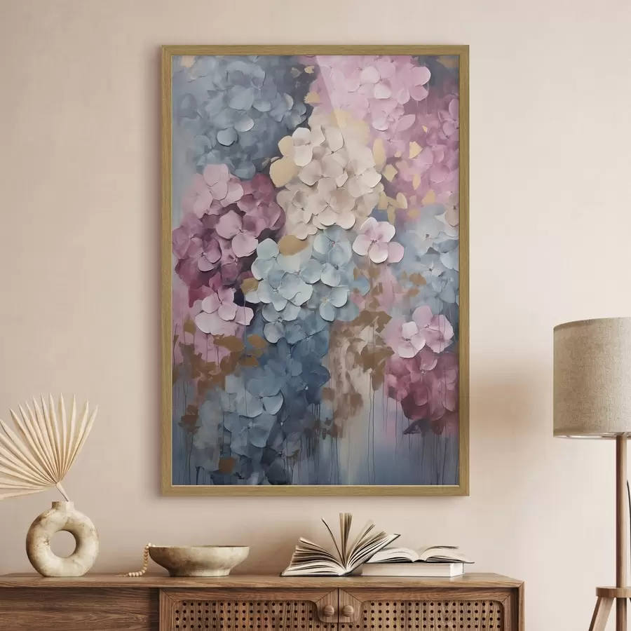 carta da parati Ortensie nei toni del rosa, del crema e del blu, con petali dalla trama particolare, arte astratta nr. f50968