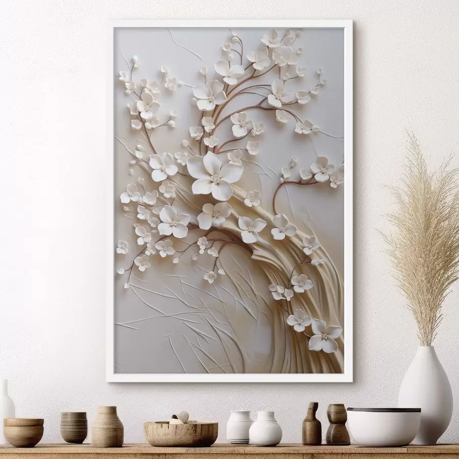 carta da parati Albero con fiori bianchi e steli marroni, su sfondo beige chiaro con volute in rilievo nr. f50971