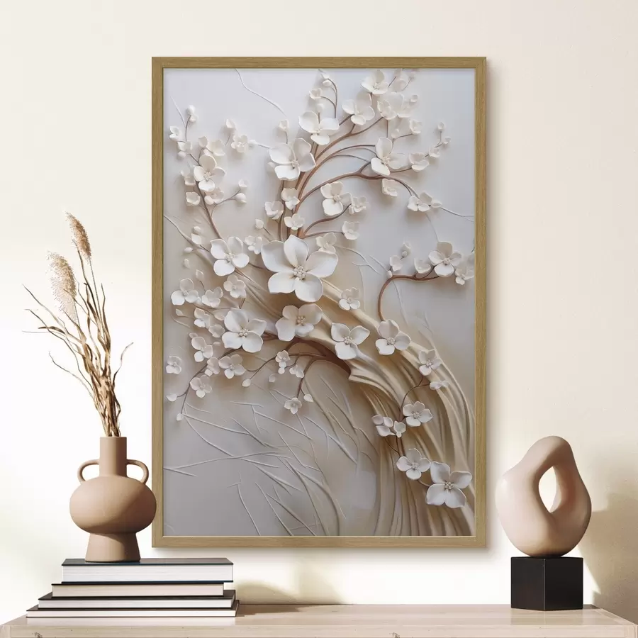 carta da parati Albero con fiori bianchi e steli marroni, su sfondo beige chiaro con volute in rilievo nr. f50971