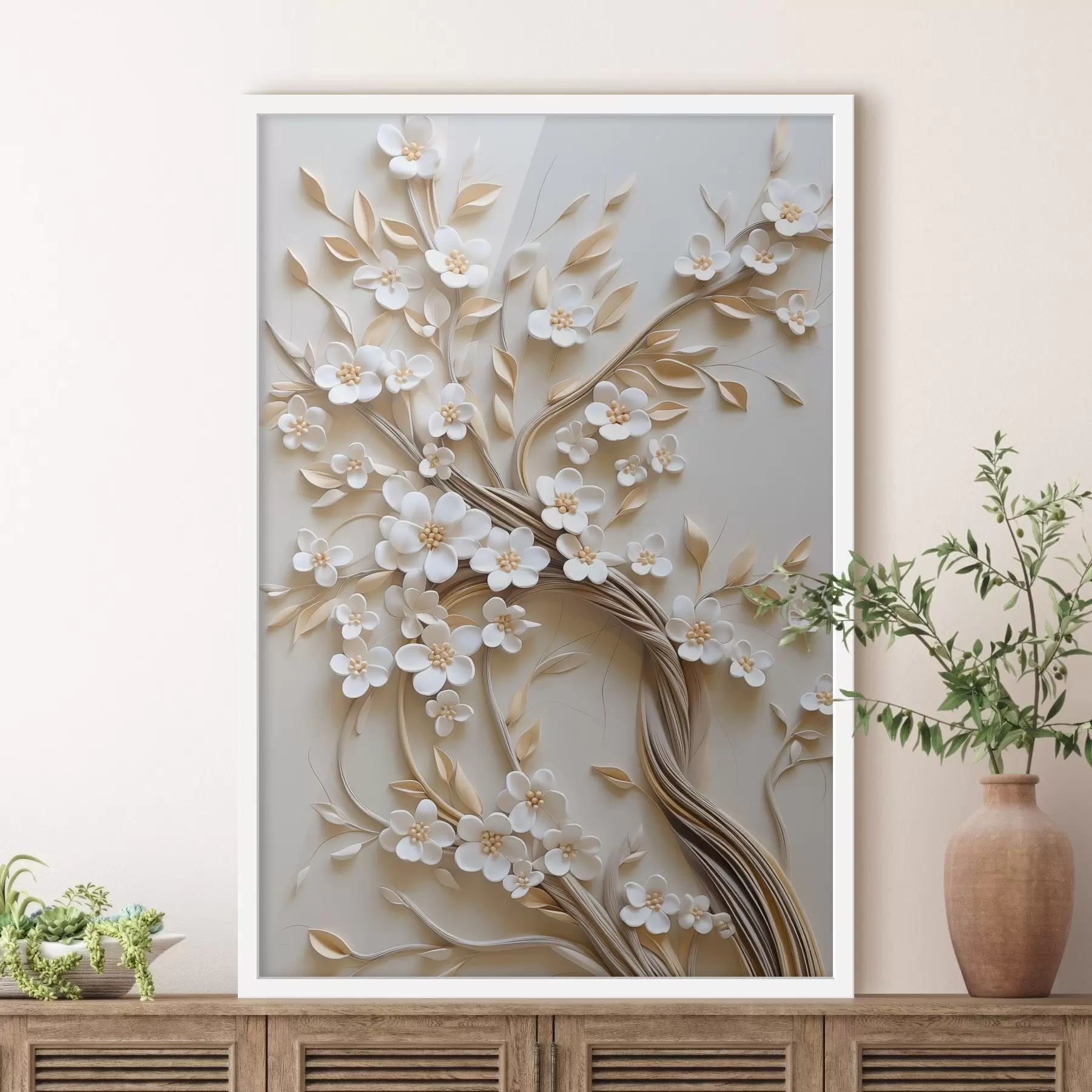 carta da parati Albero con fiori bianchi e steli marroni, su sfondo beige chiaro con volute in rilievo nr. f50972