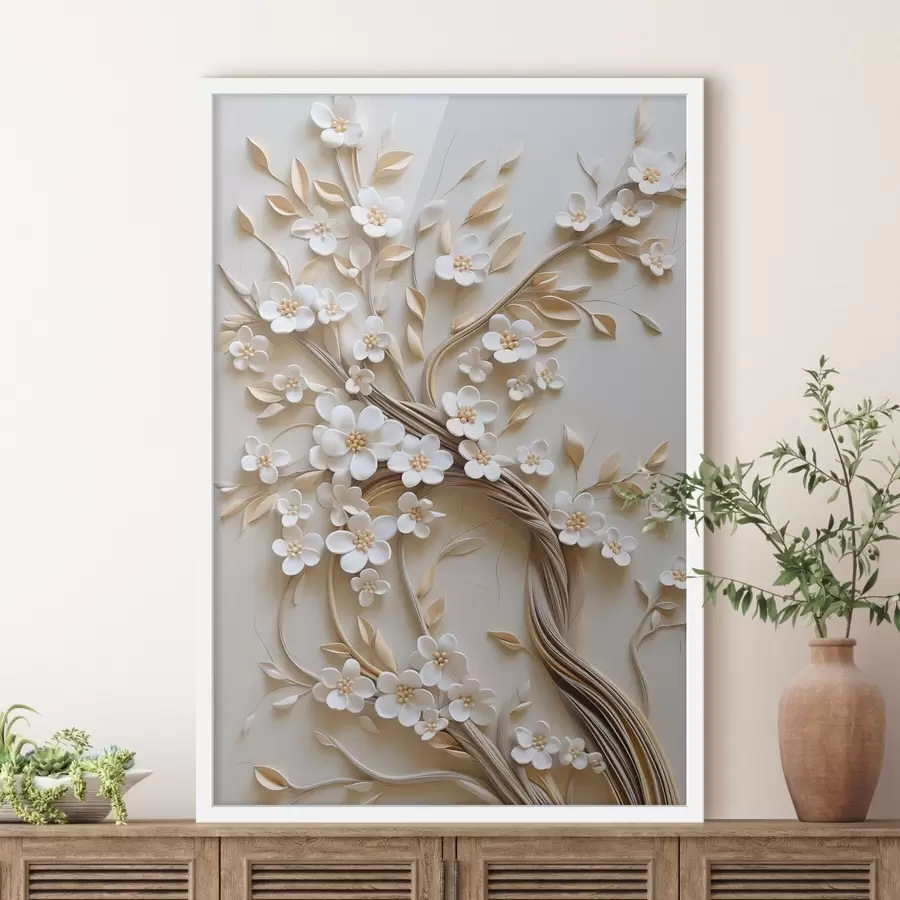 carta da parati Albero con fiori bianchi e steli marroni, su sfondo beige chiaro con volute in rilievo nr. f50972