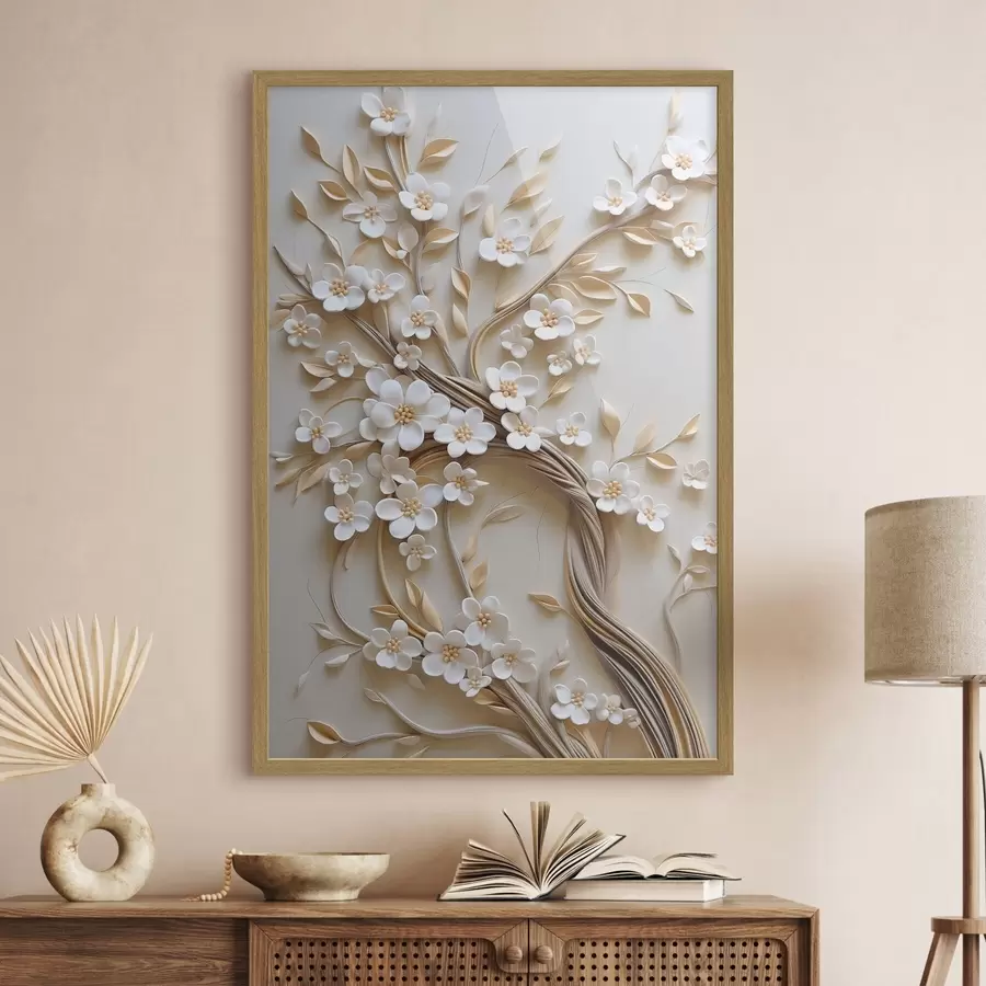 carta da parati Albero con fiori bianchi e steli marroni, su sfondo beige chiaro con volute in rilievo nr. f50972