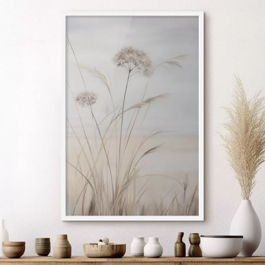 carta da parati Erba alta e secca e fiori dai tenui toni del beige e del bianco, su uno sfondo morbido e sfumato nr. f50973