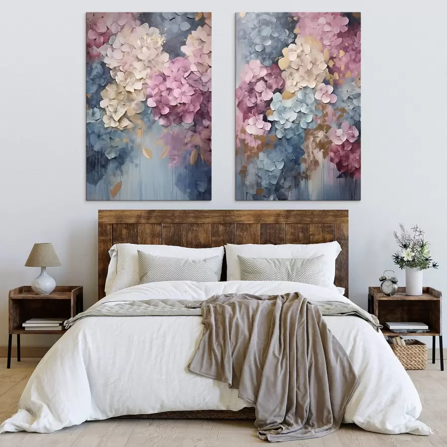 carta da parati Ortensie nei toni del rosa, del crema e del blu, con petali dalla trama particolare, arte astratta nr. m31050