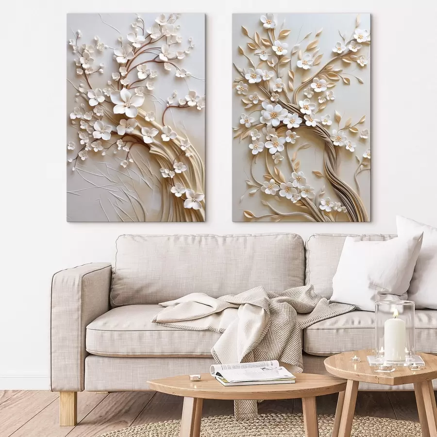 carta da parati Albero con fiori bianchi e steli marroni, su sfondo beige chiaro con volute in rilievo nr. m31052