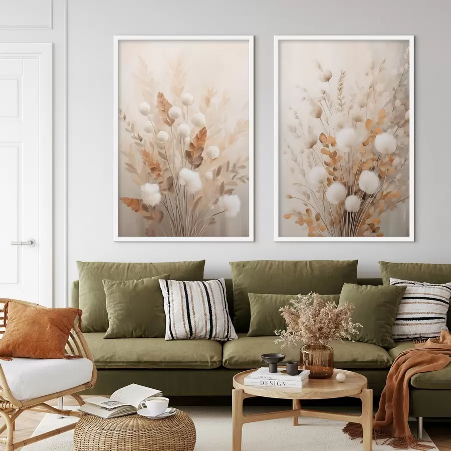 carta da parati Un bouquet di fiori bianchi e soffici e foglie secche di arancio dai colori tenui e delicati nr. d31042