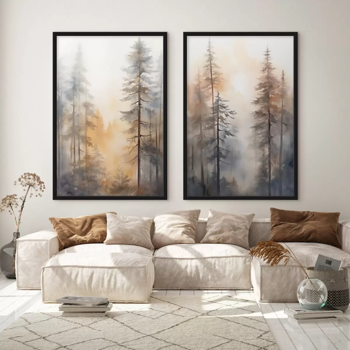Poster Alti pini, paesaggio boschivo illuminato da una calda luce arancione d31046
