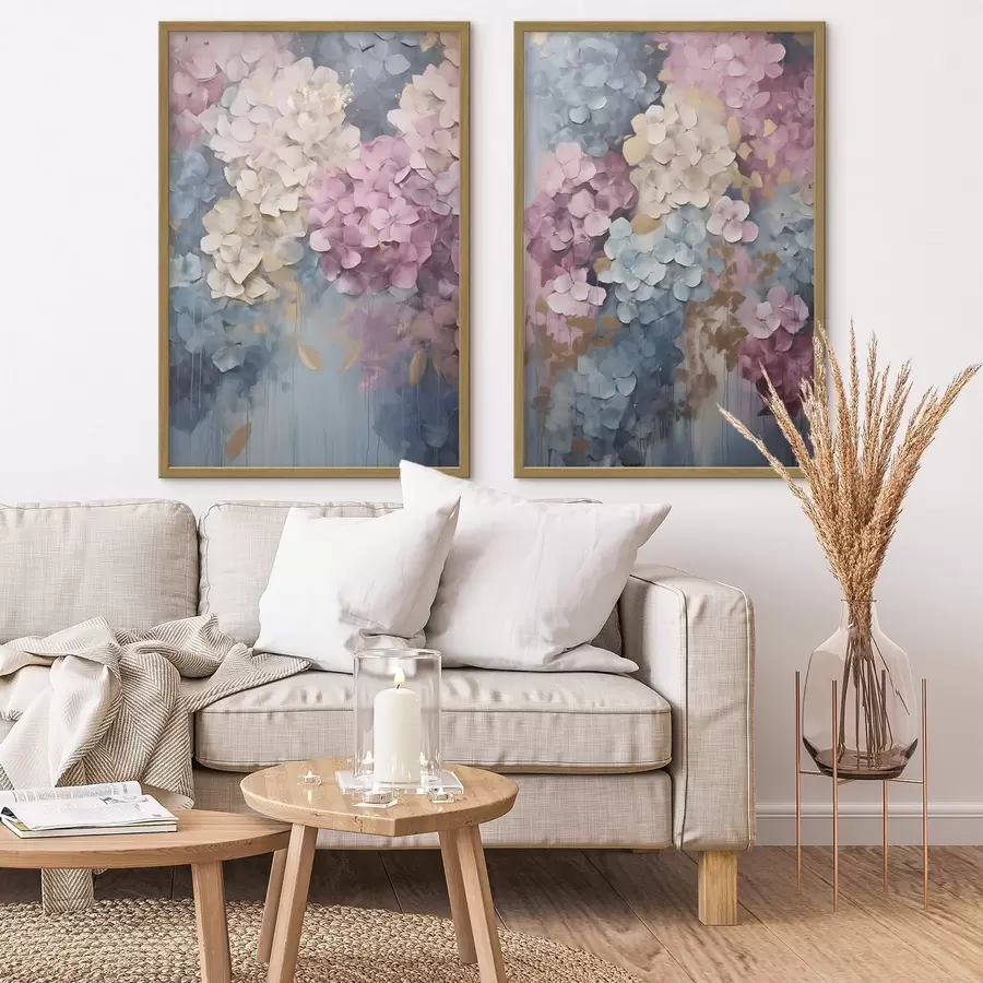 carta da parati Ortensie nei toni del rosa, del crema e del blu, con petali dalla trama particolare, arte astratta nr. d31050