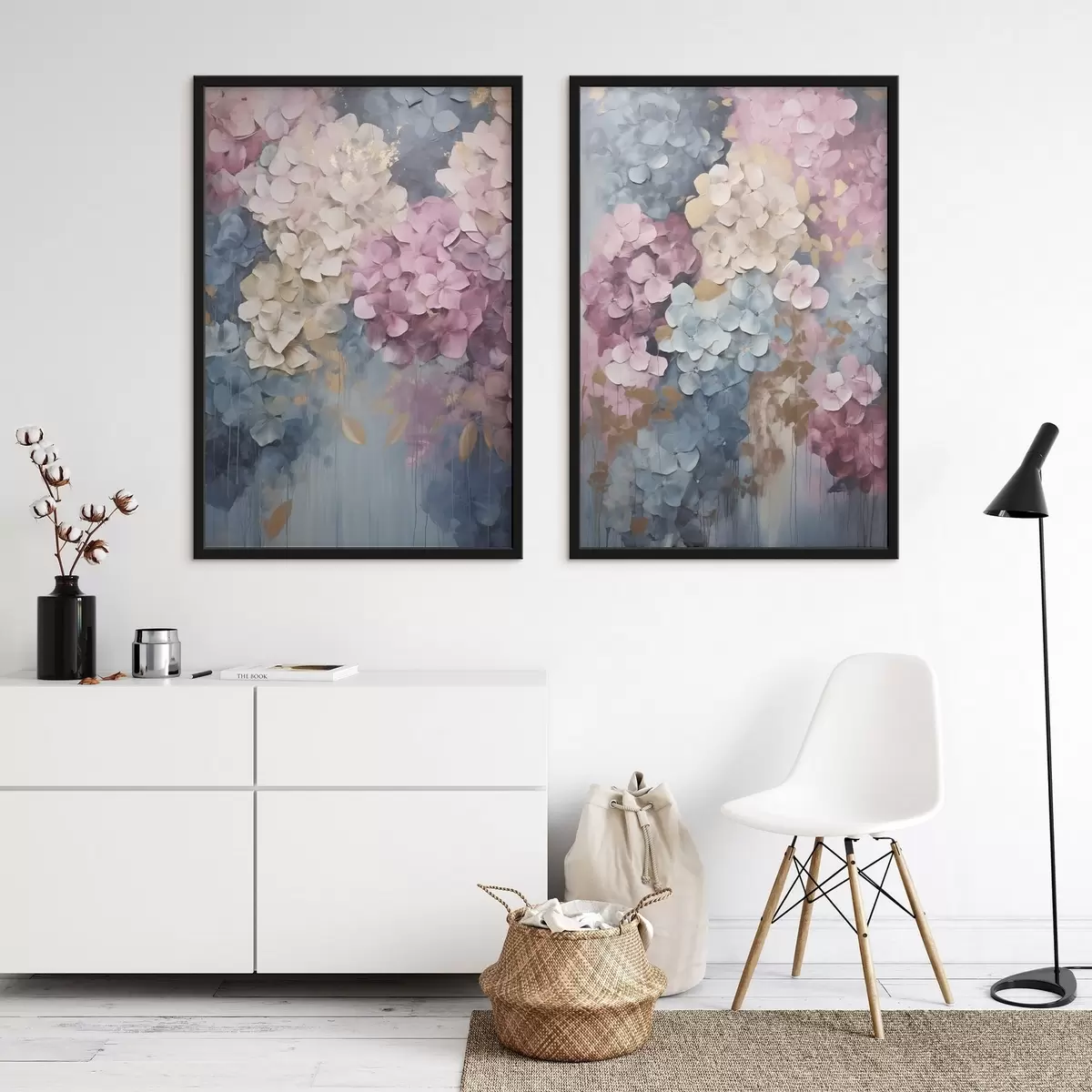 Poster Ortensie nei toni del rosa, del crema e del blu, con petali dalla trama particolare, arte astratta d31050