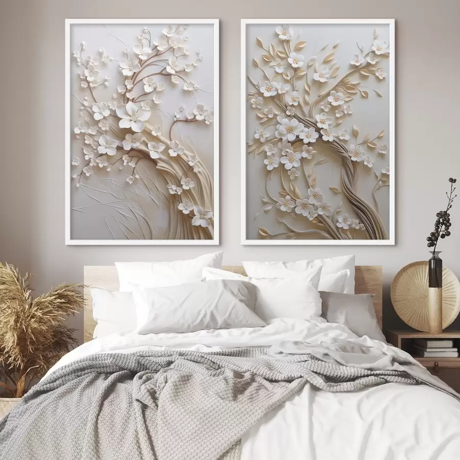 carta da parati Albero con fiori bianchi e steli marroni, su sfondo beige chiaro con volute in rilievo nr. d31052