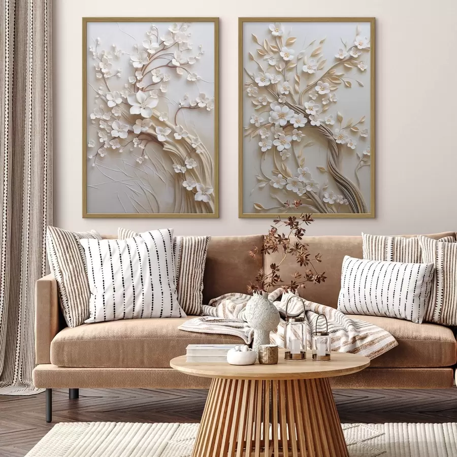 carta da parati Albero con fiori bianchi e steli marroni, su sfondo beige chiaro con volute in rilievo nr. d31052