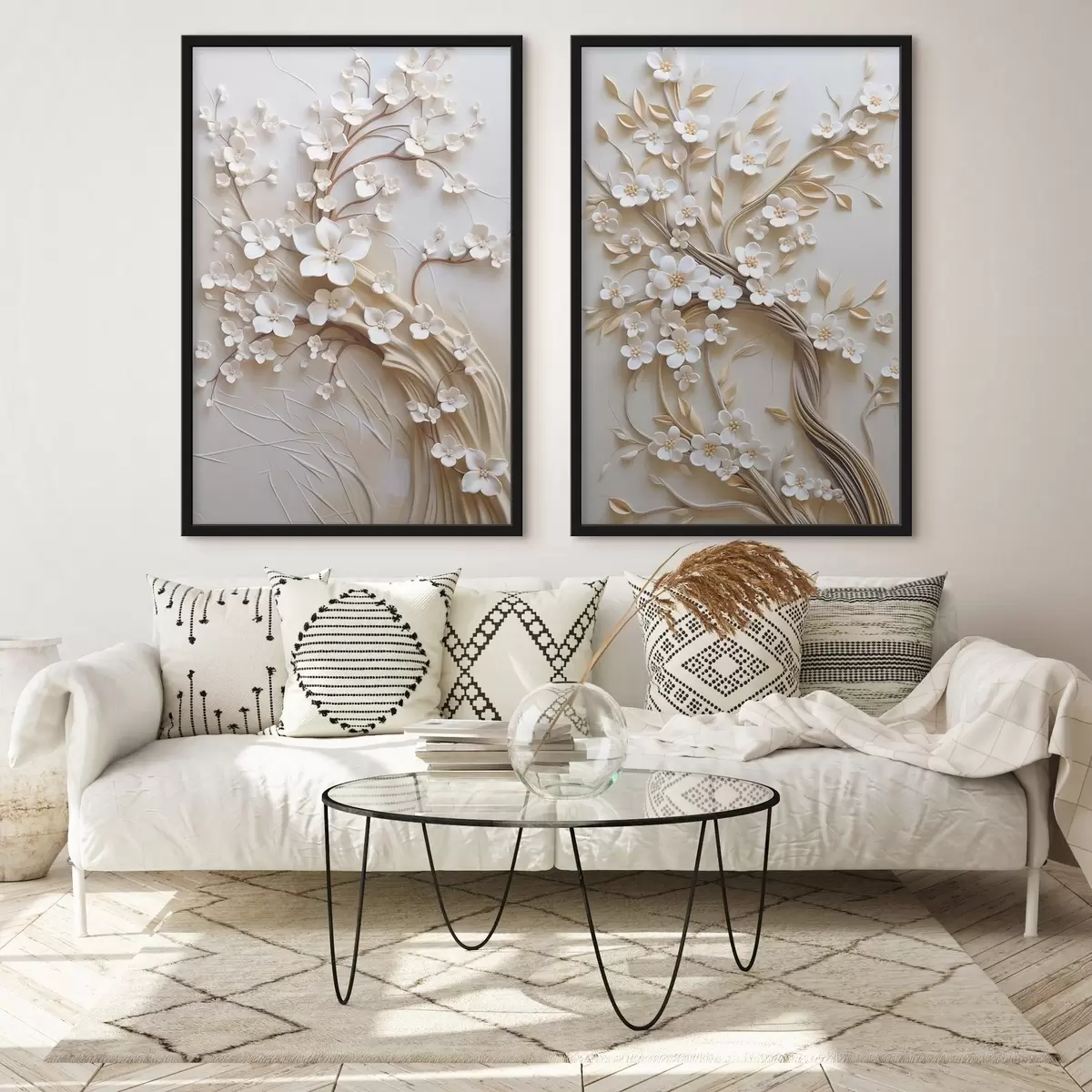 Poster Albero con fiori bianchi e steli marroni, su sfondo beige chiaro con volute in rilievo d31052