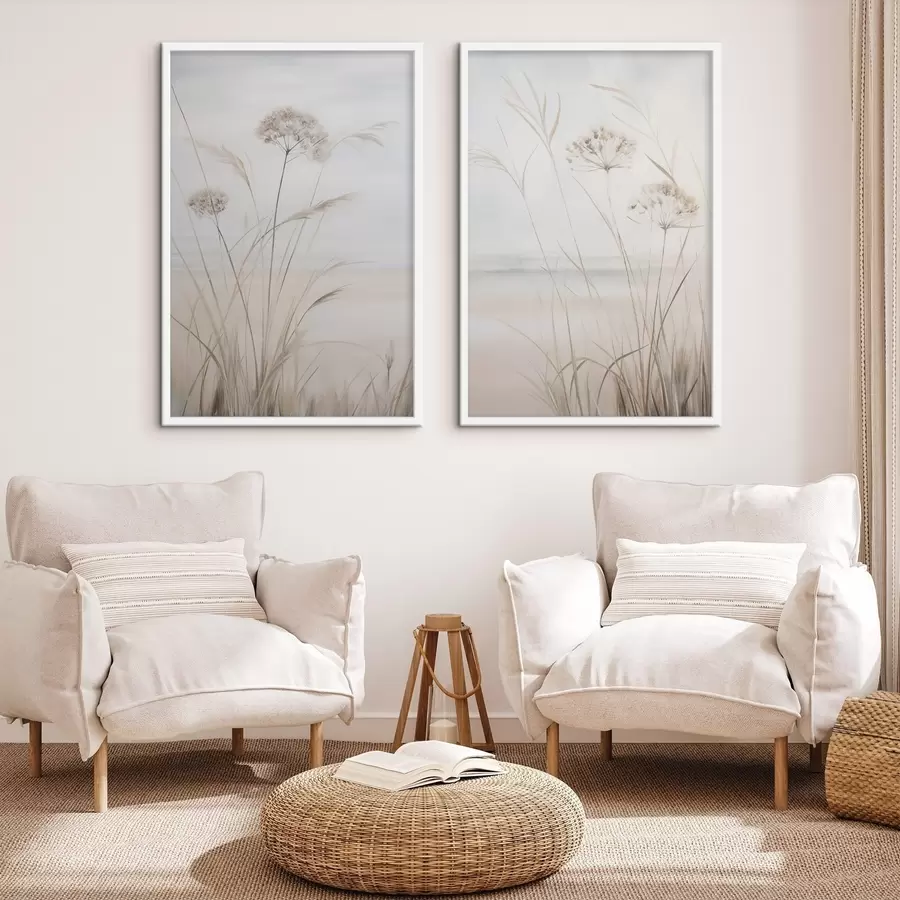 carta da parati Erba alta e secca e fiori dai tenui toni del beige e del bianco, su uno sfondo morbido e sfumato nr. d31053