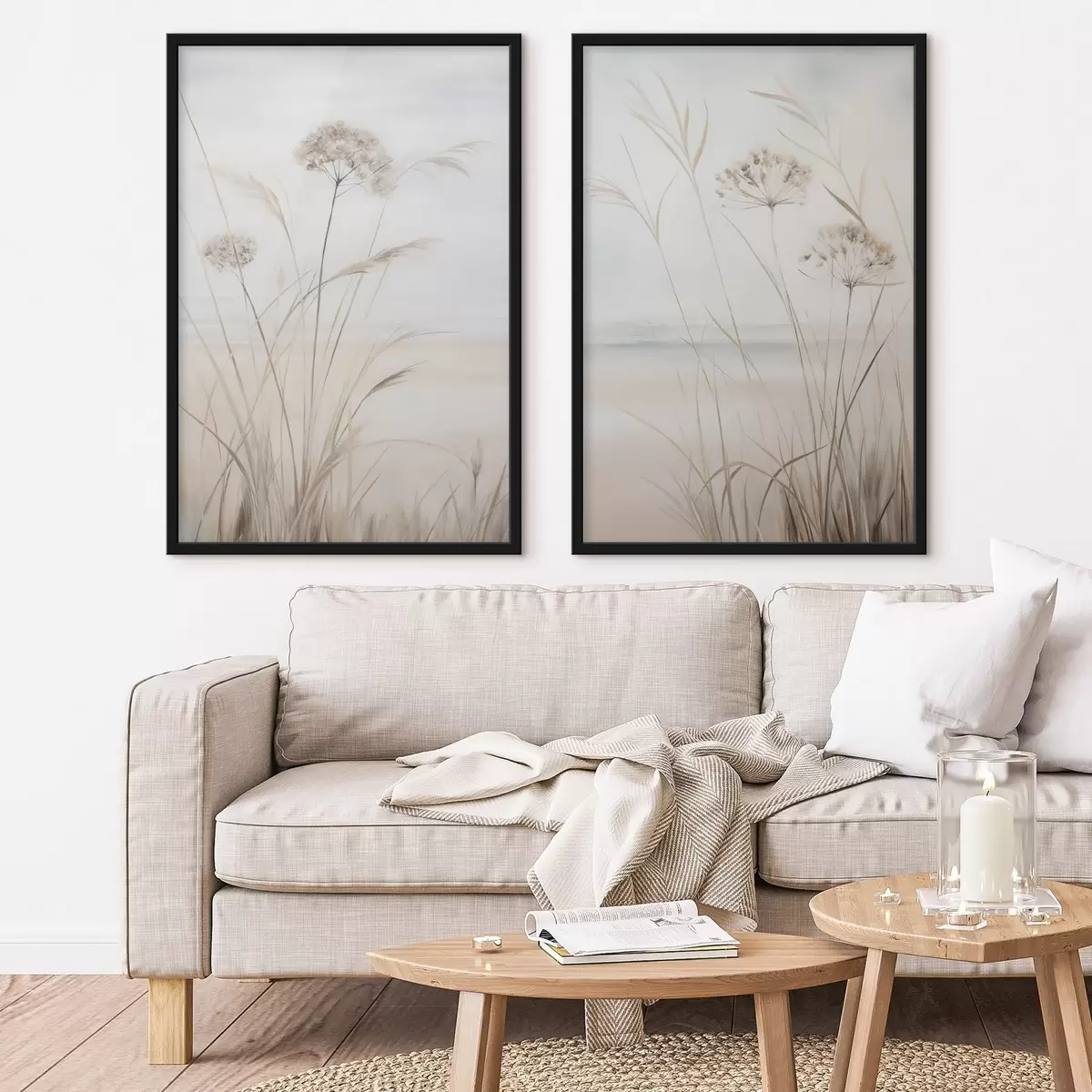 Poster Erba alta e secca e fiori dai tenui toni del beige e del bianco, su uno sfondo morbido e sfumato d31053