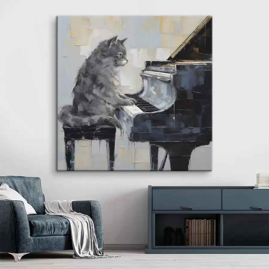 Quadro Gatto che suona il pianoforte a coda, in stile imitazione pittorica nr. s50989