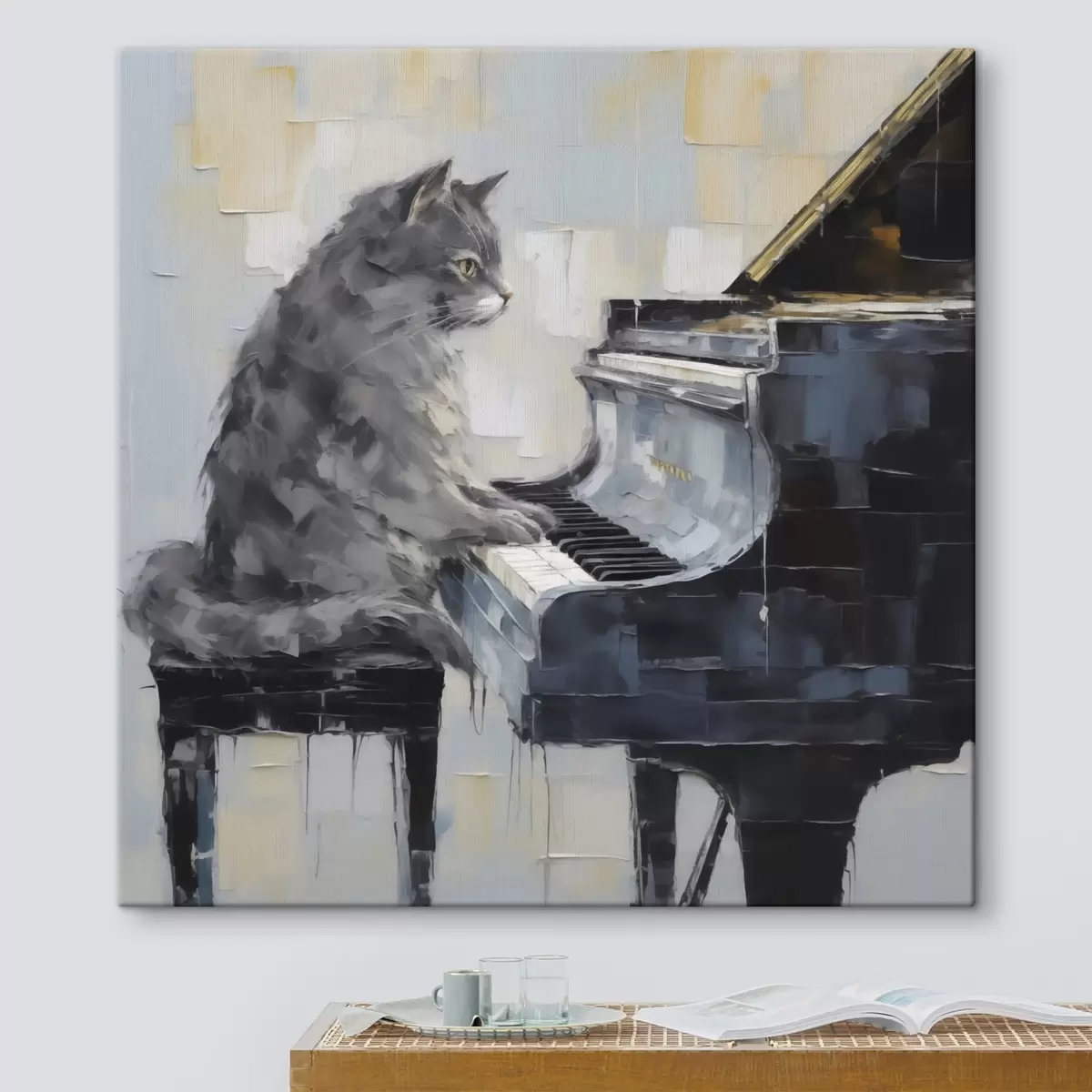 Quadro Gatto che suona il pianoforte a coda, in stile imitazione pittorica nr. s50989
