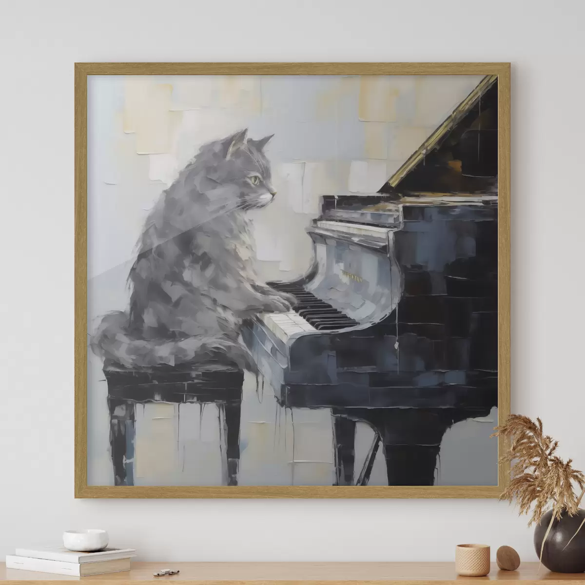 Poster Gatto che suona il pianoforte a coda, in stile imitazione pittorica f50989