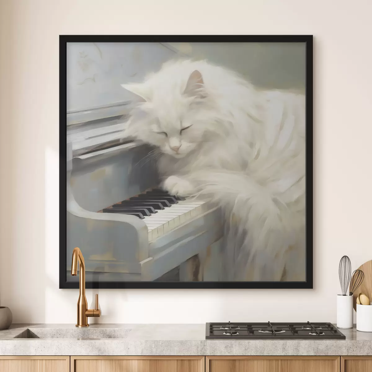 Poster Gatto che dorme sui tasti di un pianoforte, riproduzione di un dipinto f50990