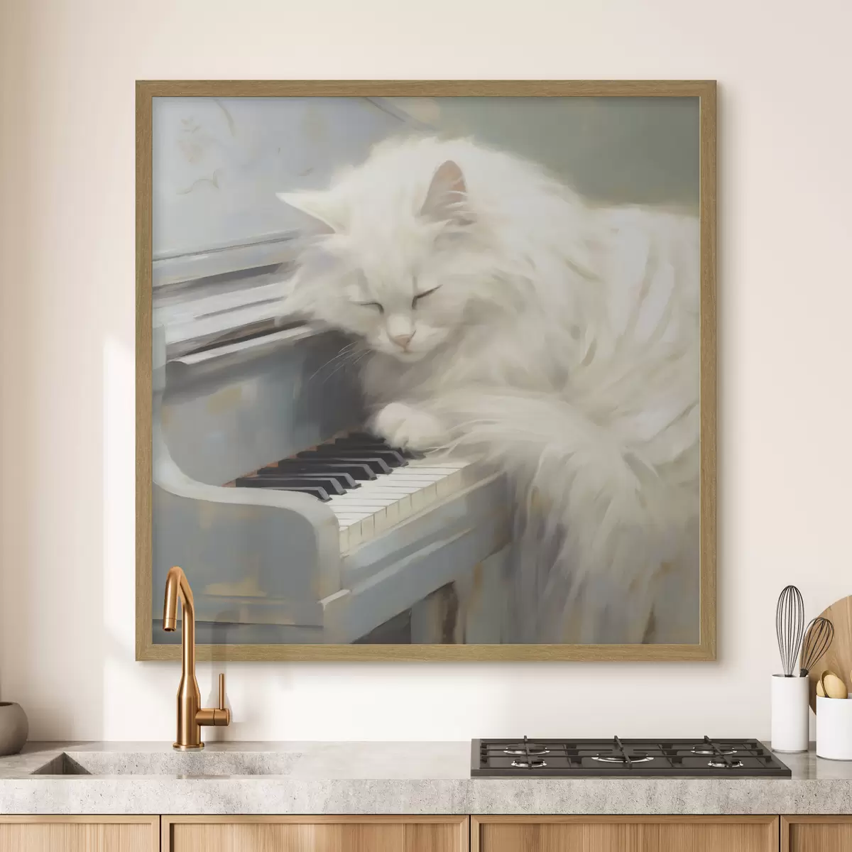 Poster Gatto che dorme sui tasti di un pianoforte, riproduzione di un dipinto f50990