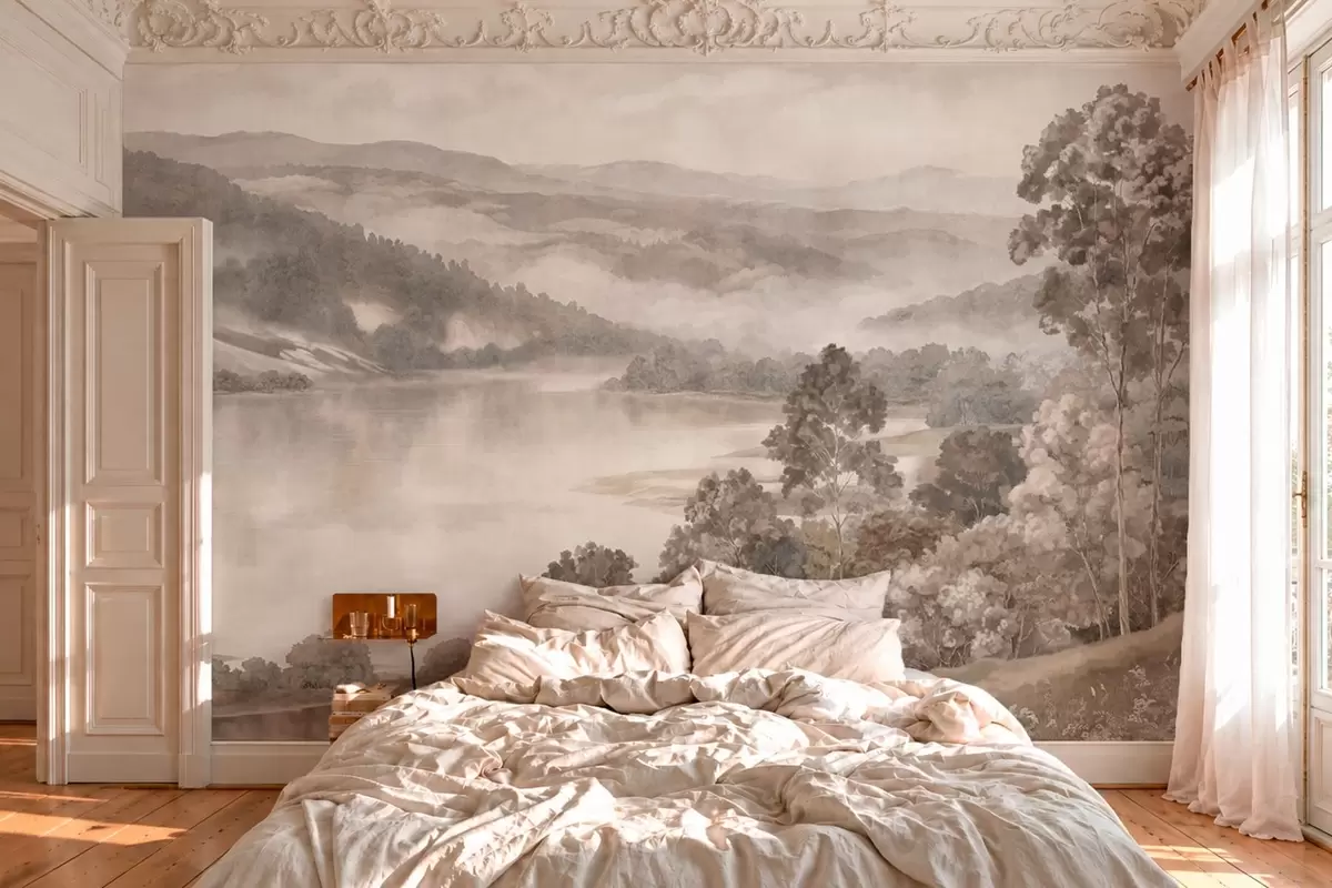 carta da parati Un lago tranquillo tra colline e boschi avvolti dalla nebbia nr. w05928