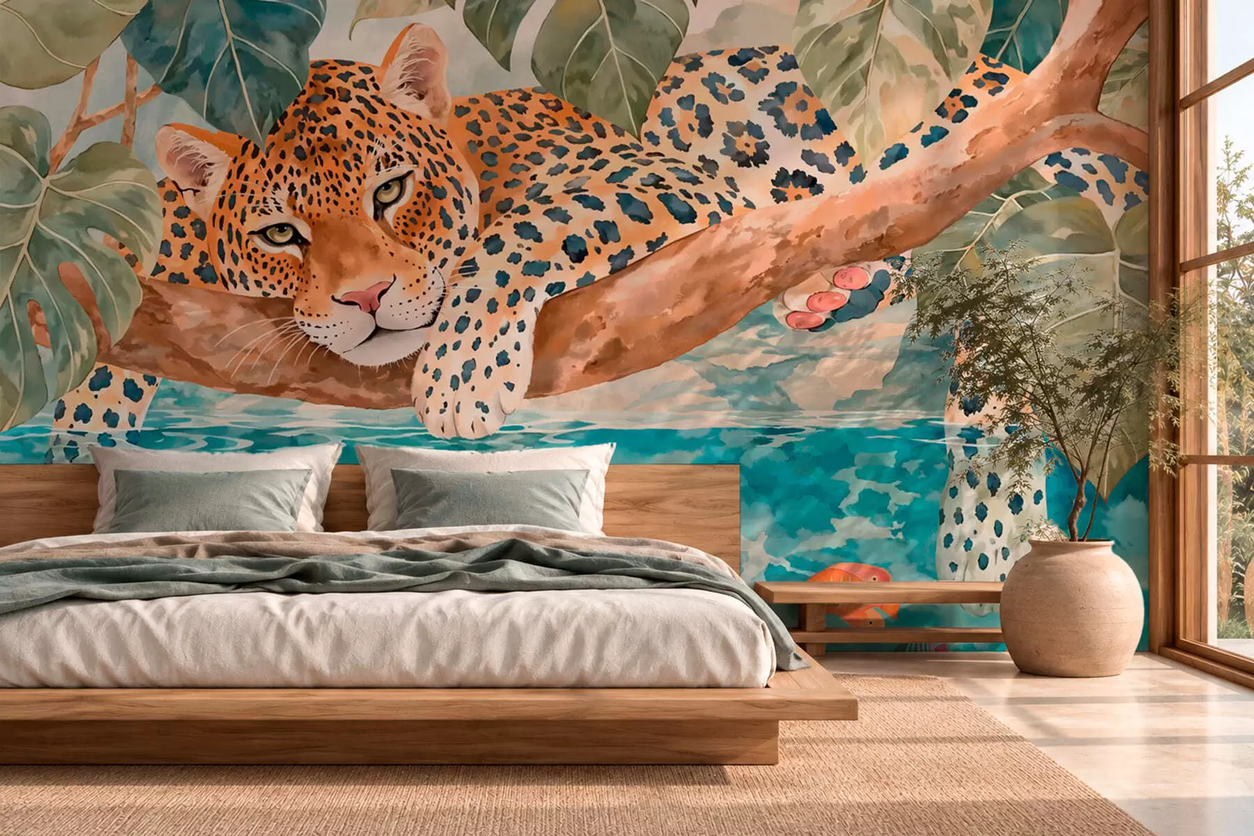 carta da parati Un leopardo su un ramo sopra l'acqua con pesci colorati nr. w05954