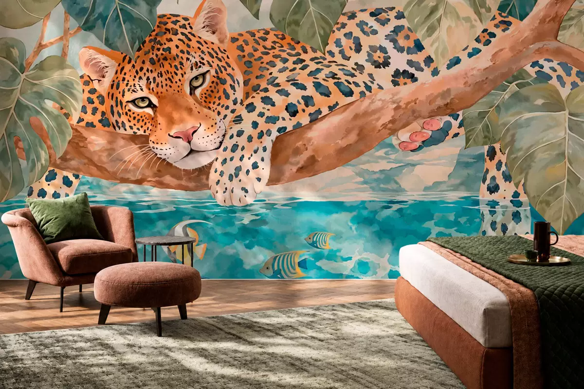 carta da parati Un leopardo su un ramo sopra l'acqua con pesci colorati nr. w05954