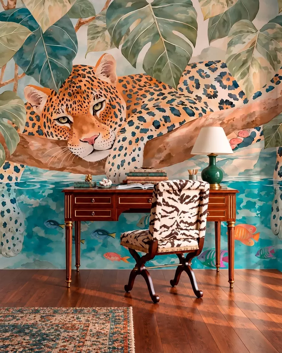 Carta da parati nature Leopardo sull’acqua blu 