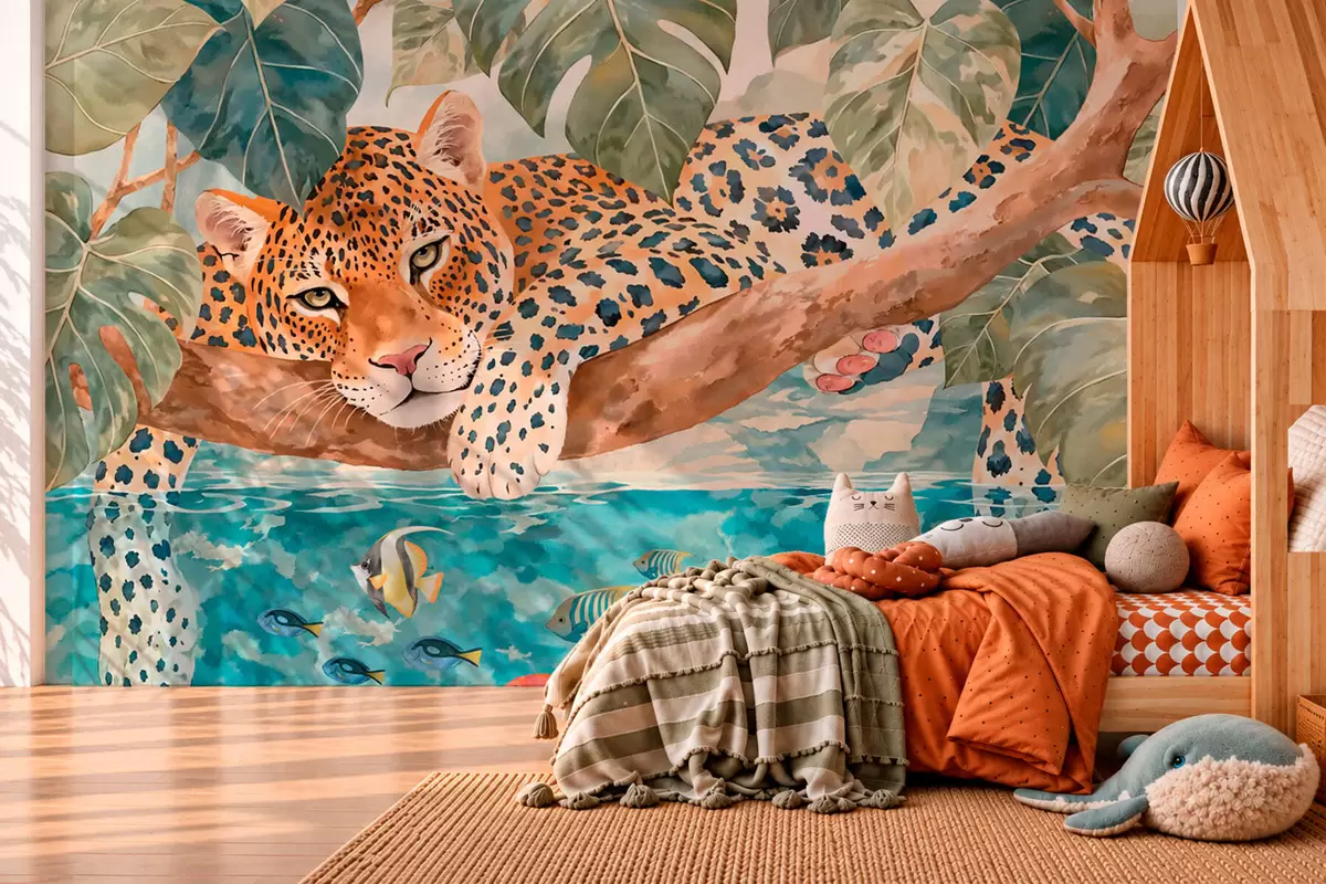 carta da parati Un leopardo su un ramo sopra l'acqua con pesci colorati nr. w05954