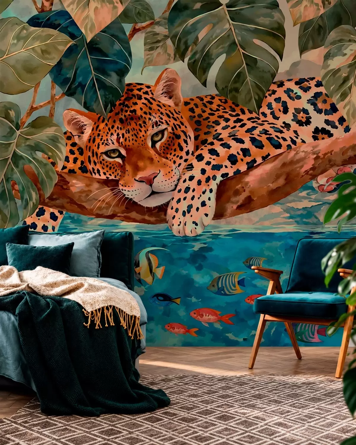 carta da parati Un leopardo tra le foglie tropicali sopra l'acqua con dei pesci nr. w05954v1