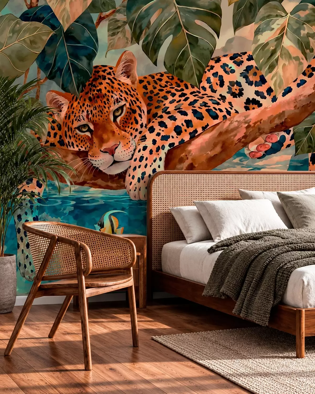 carta da parati Un leopardo tra le foglie tropicali sopra l'acqua con dei pesci nr. w05954v1