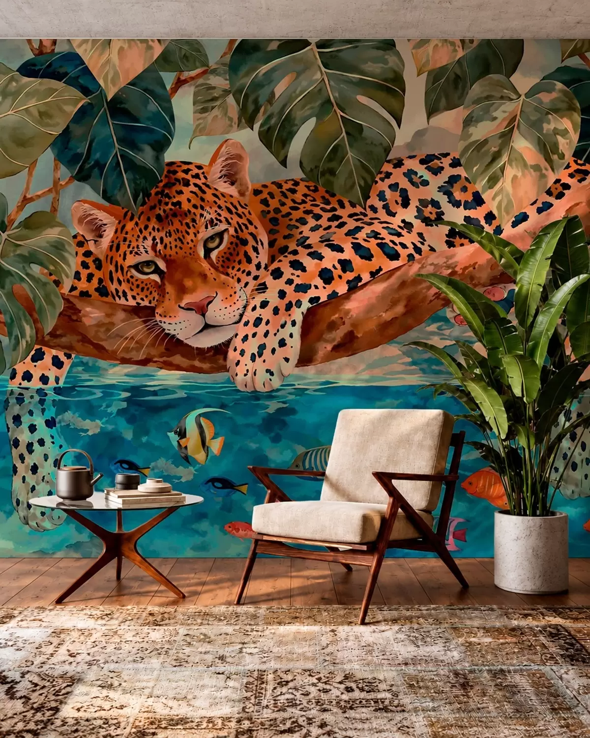 carta da parati Un leopardo tra le foglie tropicali sopra l'acqua con dei pesci nr. w05954v1