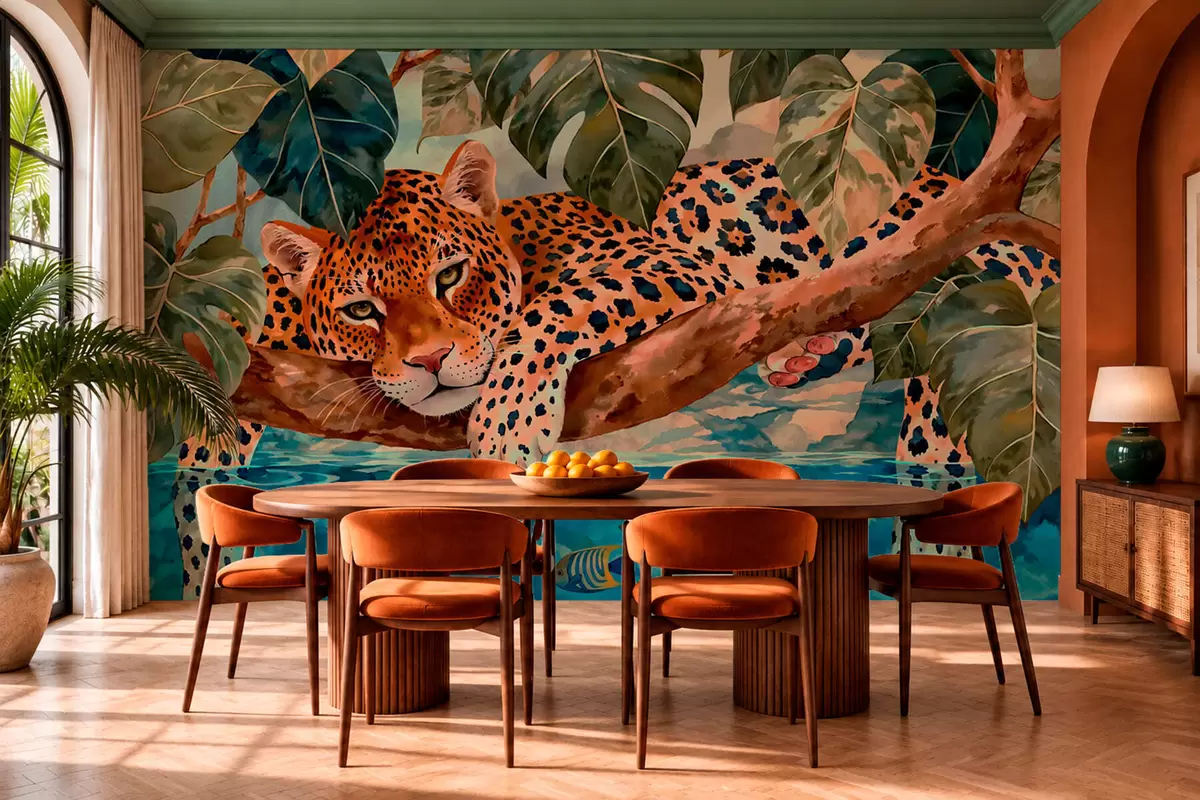 carta da parati Un leopardo tra le foglie tropicali sopra l'acqua con dei pesci nr. w05954v1