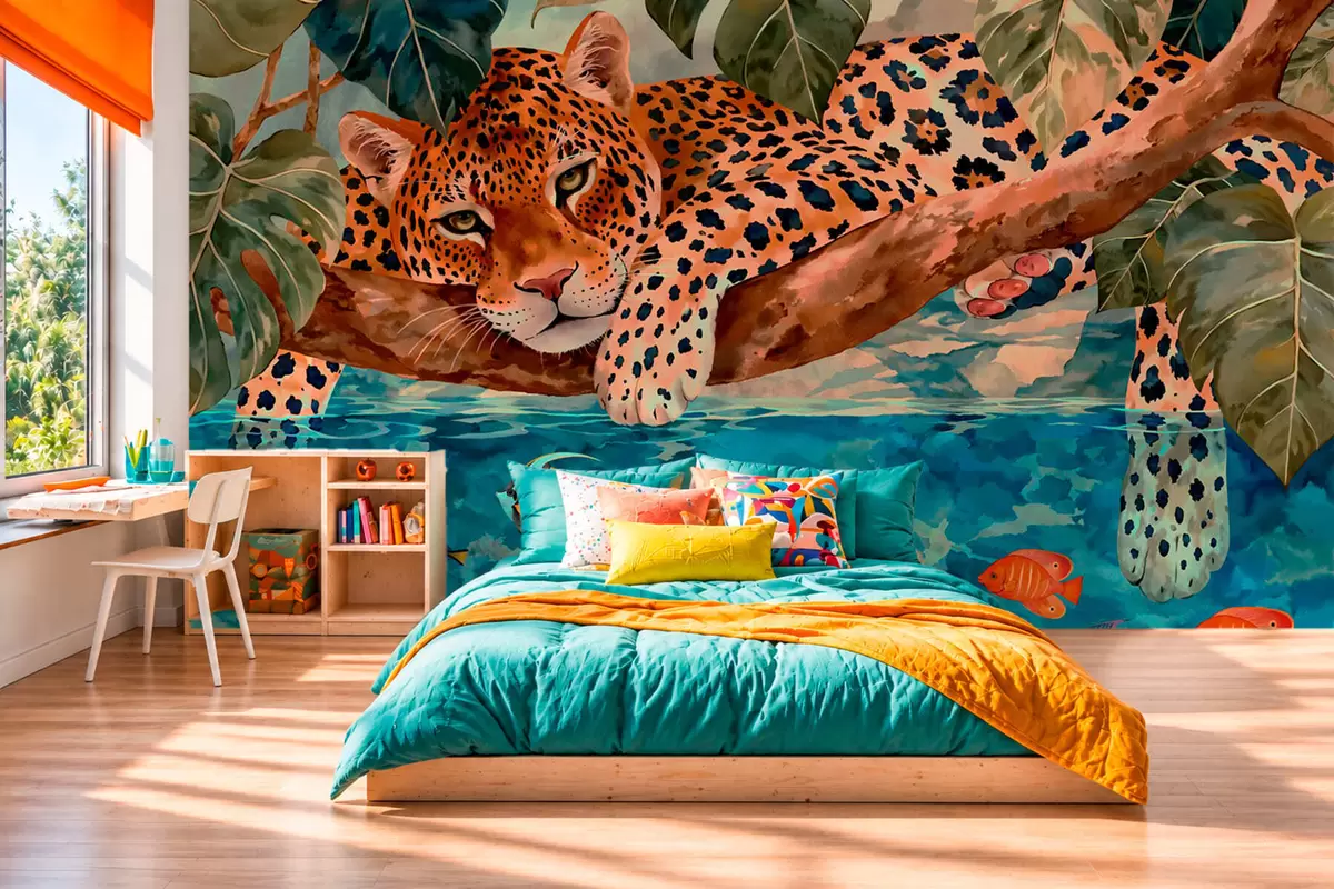 carta da parati Un leopardo tra le foglie tropicali sopra l'acqua con dei pesci nr. w05954v1