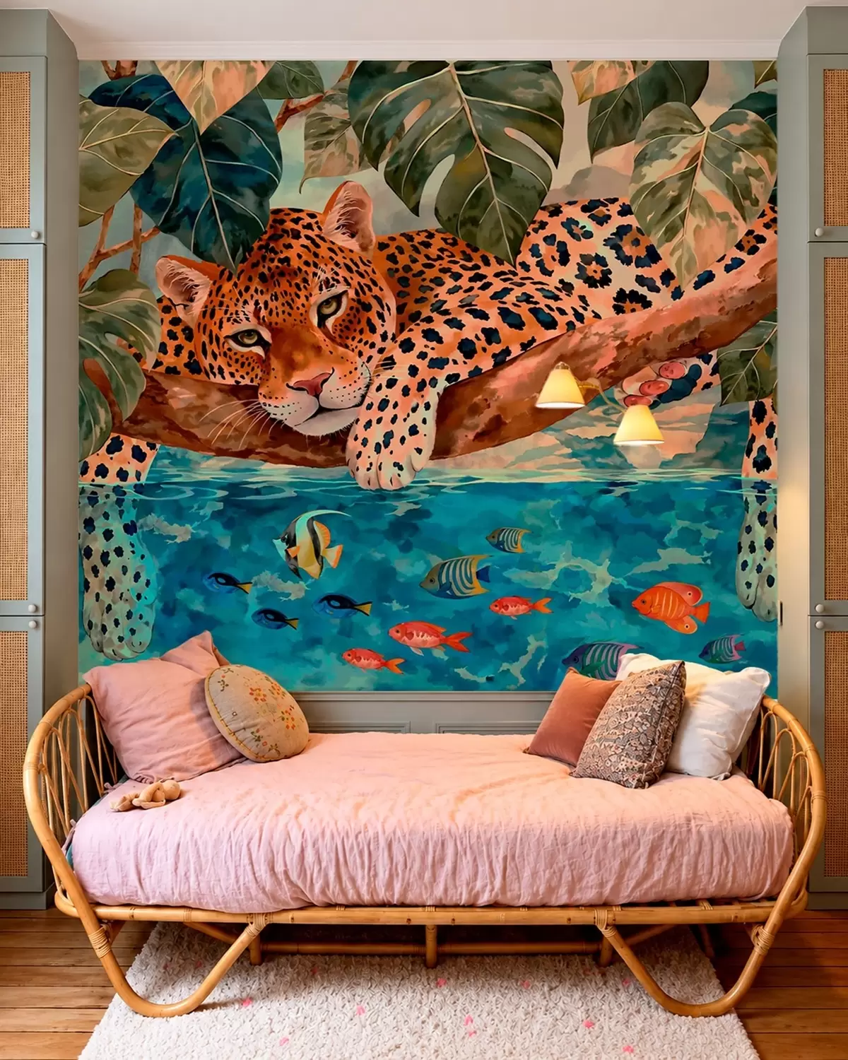 carta da parati Un leopardo tra le foglie tropicali sopra l'acqua con dei pesci nr. w05954v1