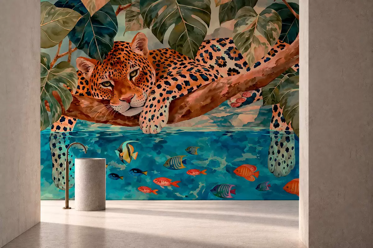 carta da parati Un leopardo tra le foglie tropicali sopra l'acqua con dei pesci nr. w05954v1