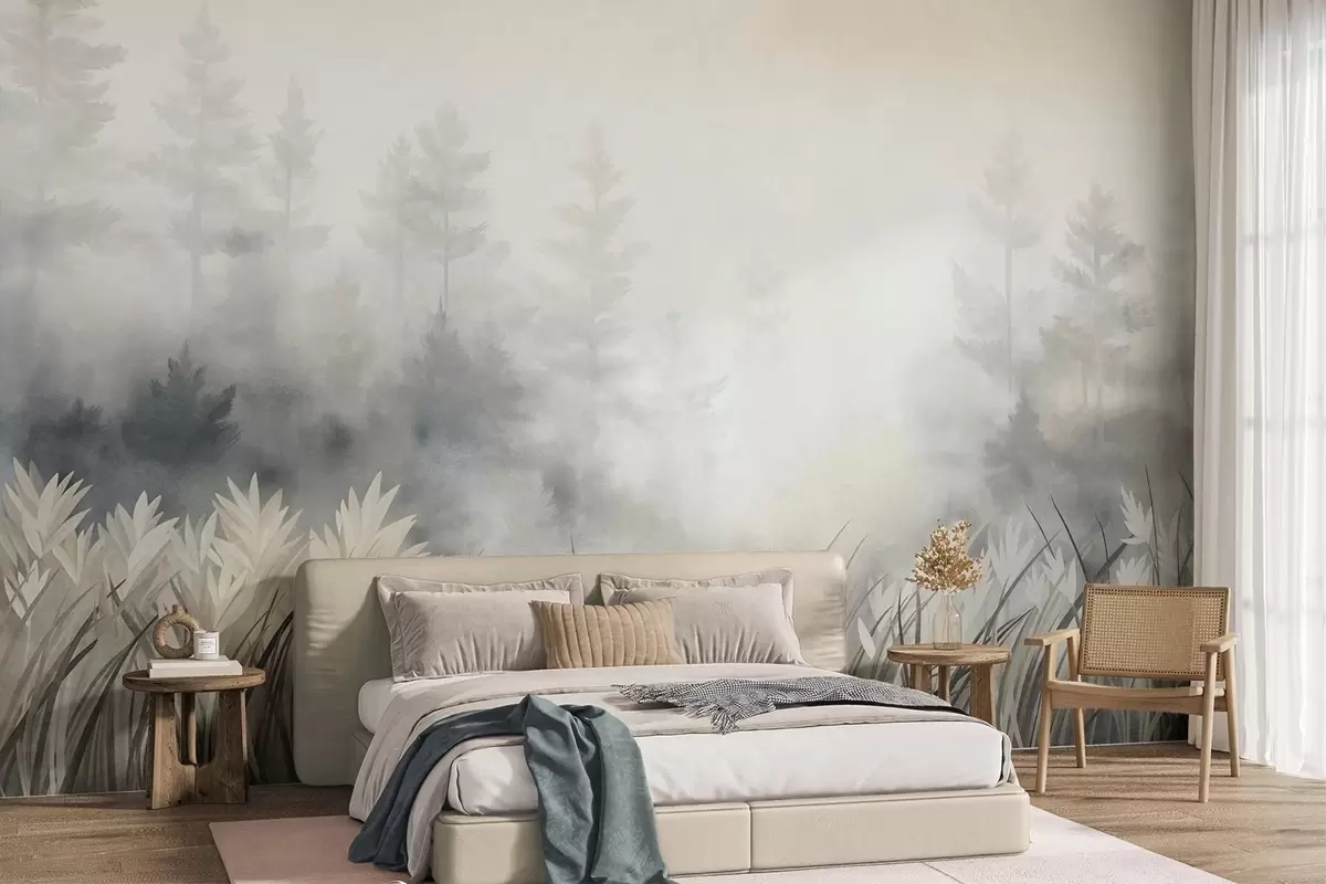 carta da parati Paesaggio con erba selvatica alta e una pineta, in stile minimalista con texture nr. w10082