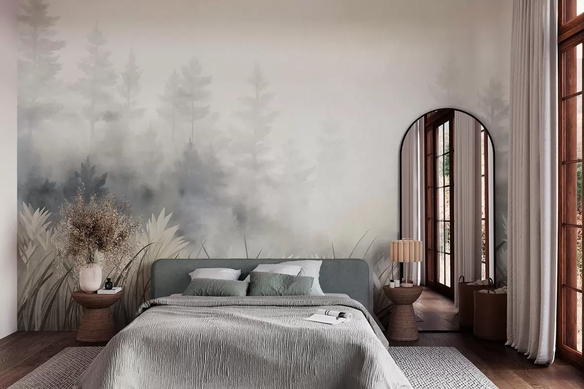 carta da parati Paesaggio con erba selvatica alta e una pineta, in stile minimalista con texture nr. w10082