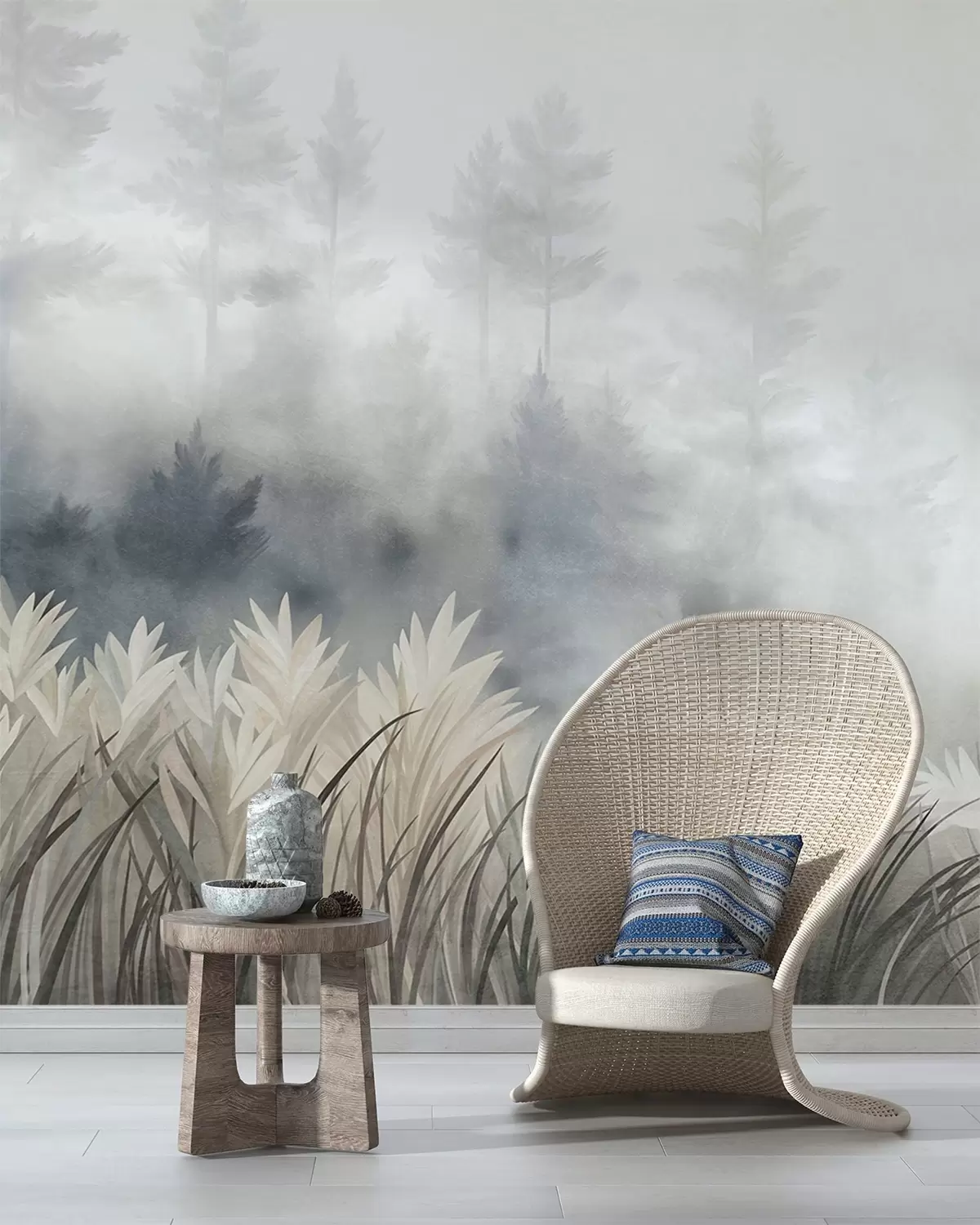 carta da parati Paesaggio con erba selvatica alta e una pineta, in stile minimalista con texture nr. w10082