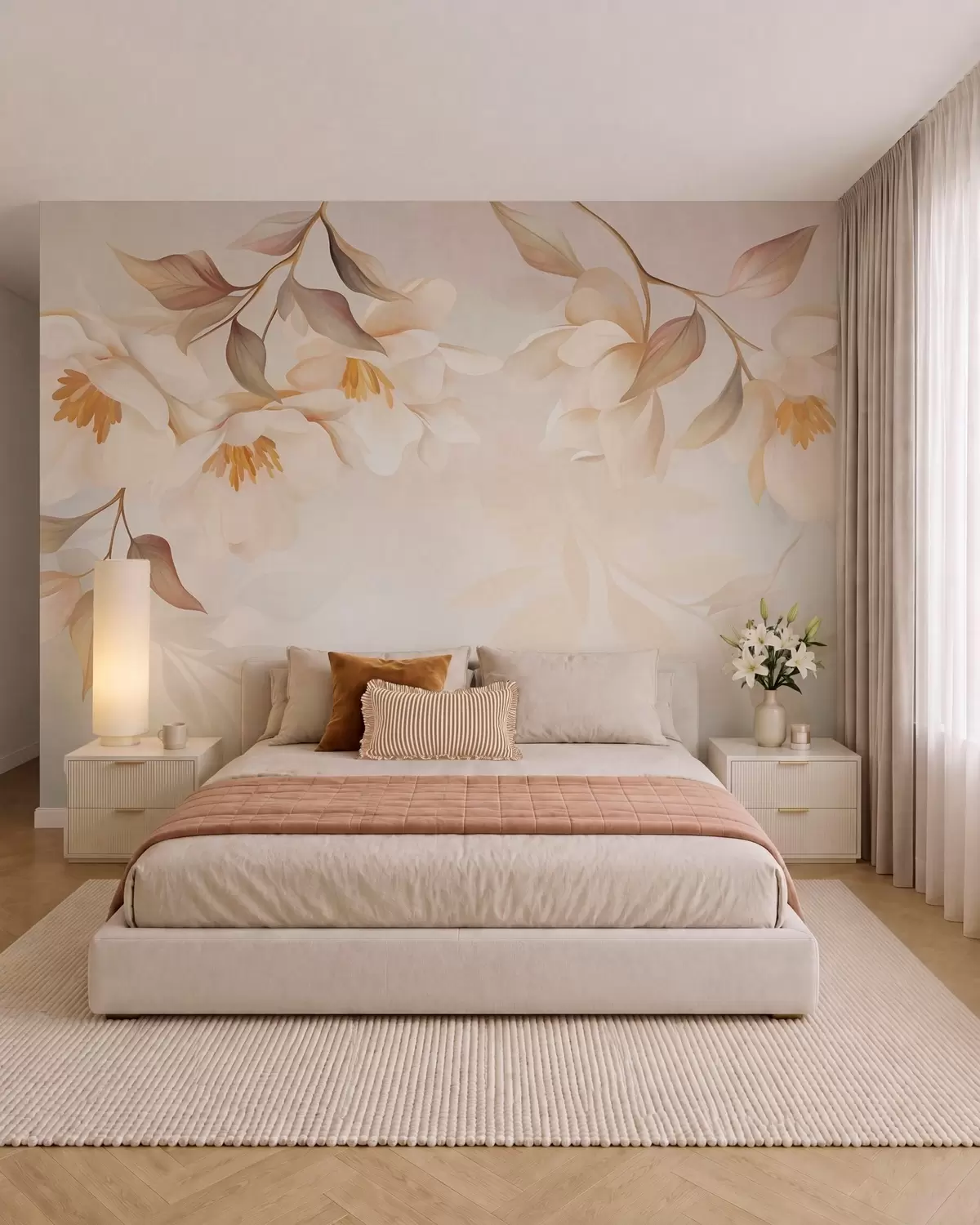 carta da parati Fiori di magnolia con delicate foglie marroni che pendono dai rami nr. w10086